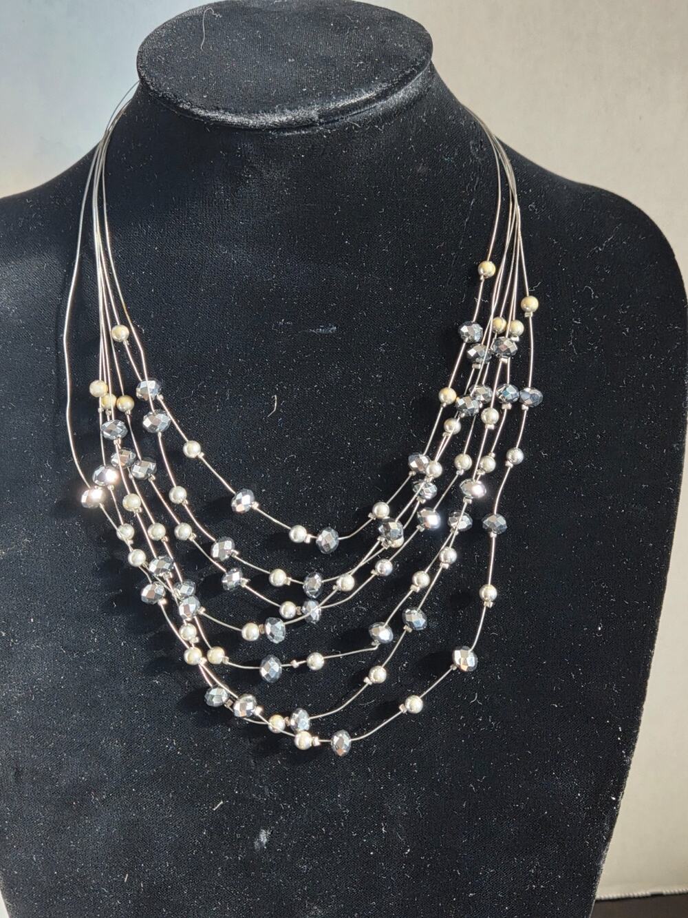 Silver Tone Multi Strand Faceted Beaded Statement Necklace Adjustable #AEN10